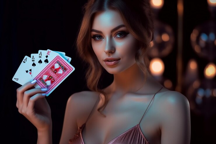 Foto de una impresionante y elegante mujer joven con estilo que se toma de la mano como un jugador de póquer aislado en un archivo de neón
