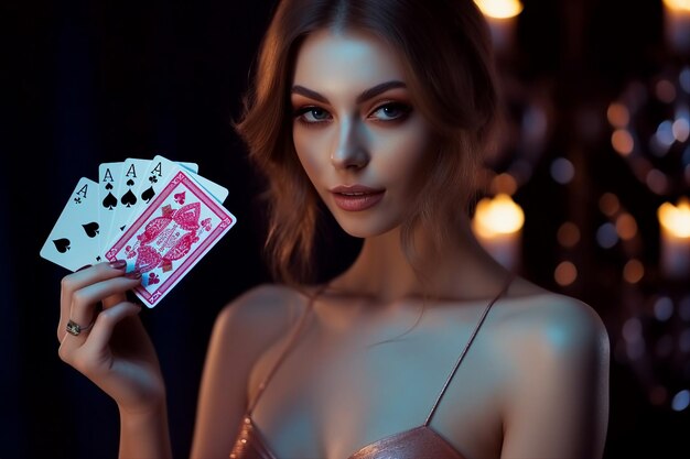 Foto de una impresionante y elegante mujer joven con estilo que se toma de la mano como un jugador de póquer aislado en un archivo de neón