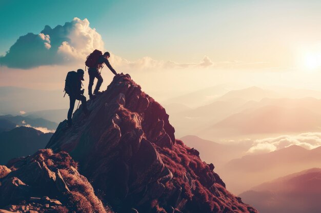 Una foto impresionante de un par de personas paradas en la cima de una magnífica montaña disfrutando del impresionante paisaje. Un devoto excursionista ayudando a su amigo a alcanzar la cima de la montaña. Generada por IA.