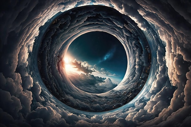 Foto impressionante de um buraco de minhoca cercado por um céu infinito