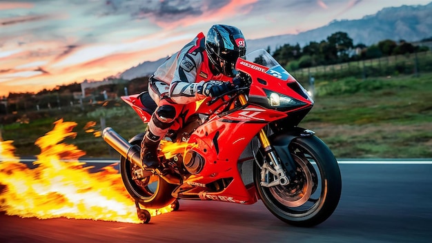 Foto impressionante de um motociclista a conduzir uma bicicleta desportiva em chamas