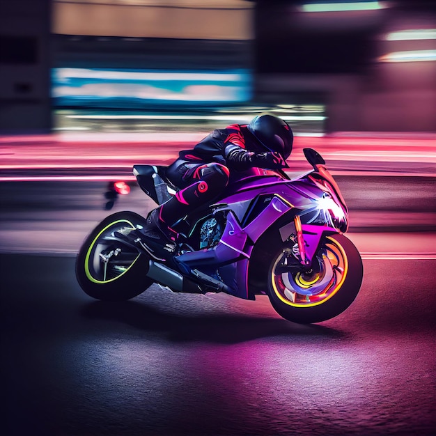 Foto impressionante do motociclista dirigindo uma moto esportiva com luzes de neon