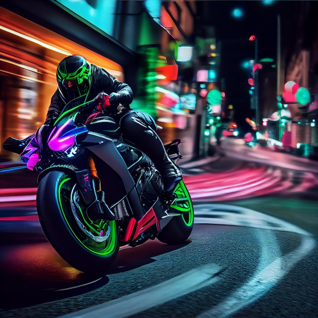 Foto impressionante do motociclista dirigindo uma moto esportiva com luzes de neon