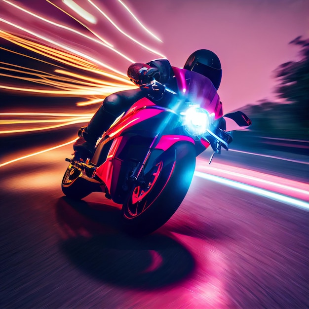 Foto impressionante do motociclista dirigindo uma moto esportiva com luzes de neon