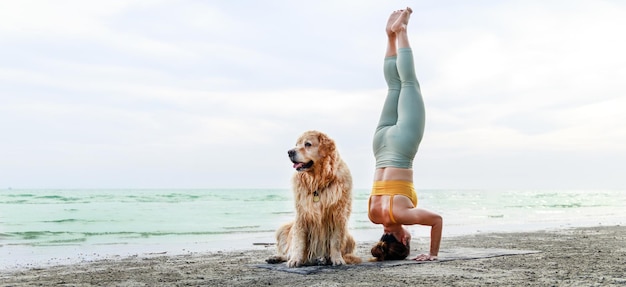 Foto in Bannergröße Junge Frau, die morgens Yoga in der Nähe ihres Hundes macht Entspannung mit einem Haustier