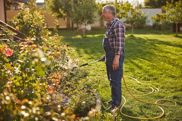 Foto in voller Länge eines fröhlichen alternden Mannes, der einen Wasserschlauch hält und Pflanzen im Garten gießt