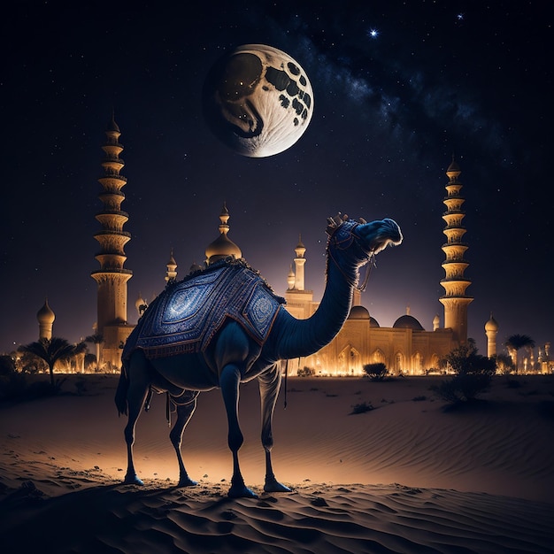 Foto de un increíble camello y cabra frente a la mezquita en el césped con ambiente islámico