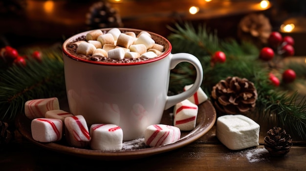 Una foto increíble de chocolate caliente gourmet en una hermosa taza de Navidad