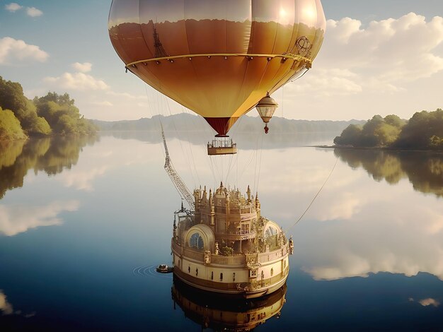 foto increíble globo steampunk flotando por encima de la superficie del agua IA generativa