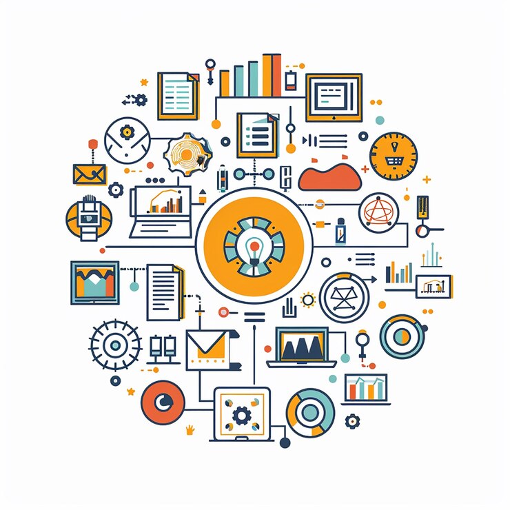 Foto foto de infografía que ilustra la tecnología de datos y las operaciones empresariales