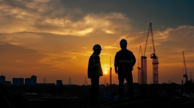 Foto del ingeniero y su compañero de trabajo de pie juntos en el edificio