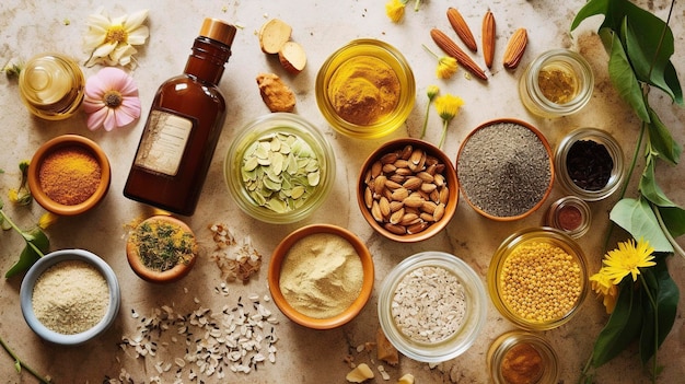 Una foto de ingredientes naturales y botánicos para el cuidado de la piel.