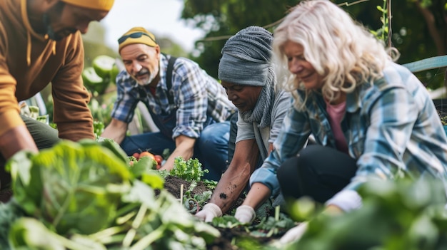 Foto inspiradora de IA gerativa de um grupo diversificado de pessoas trabalhando juntas em um jardim comunitário