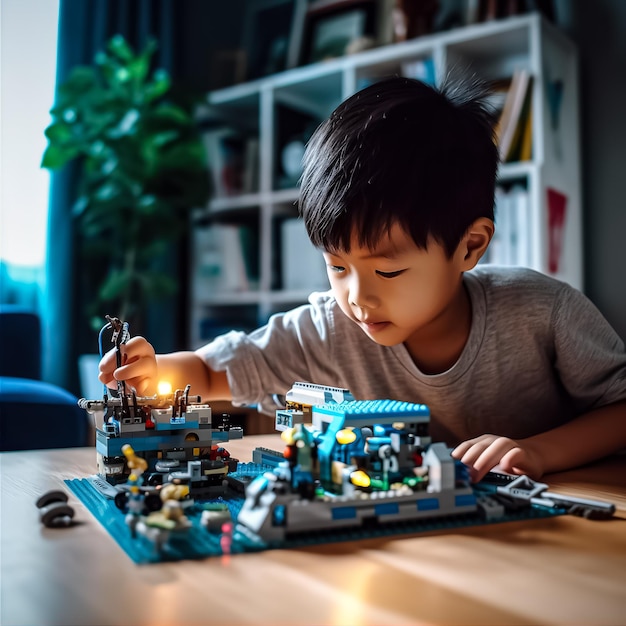 Foto Intelligentes asiatisches Kind, das Legovibe-Technologie spielt