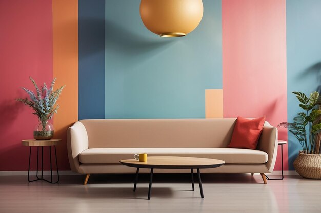 Foto Interieur Sofa und Tisch gegen farbenfrohe Wand