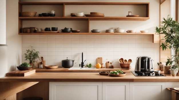 Foto Interior de cocina de estilo japonés real con una encimera sencilla 2