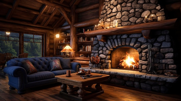 Foto interior de uma cabana de madeira com lareira de pedra e móveis de madeira