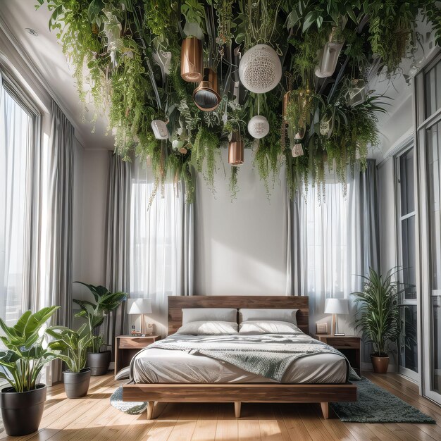 Foto foto del interior del dormitorio verde con algunas plantas