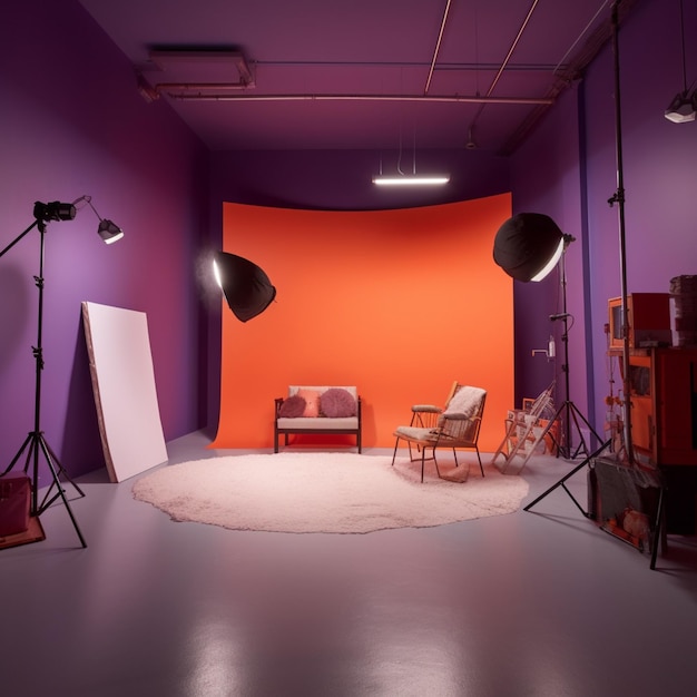 Foto interior de estudio fotográfico moderno con equipo profesional generativo