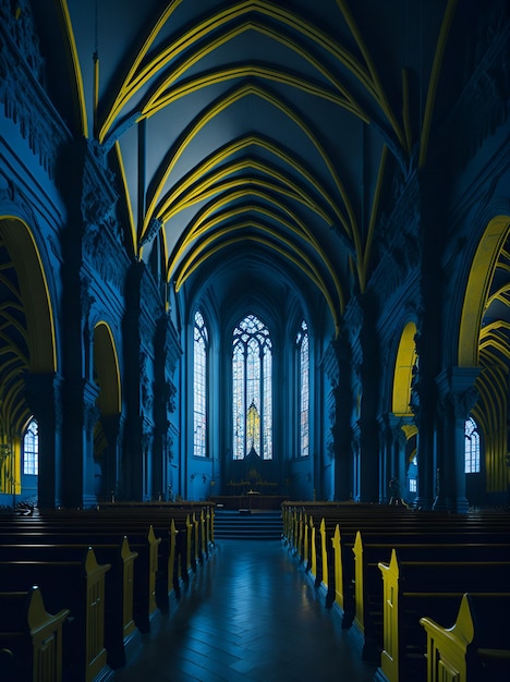 Foto de un interior de iglesia sereno con filas de bancos de madera AI