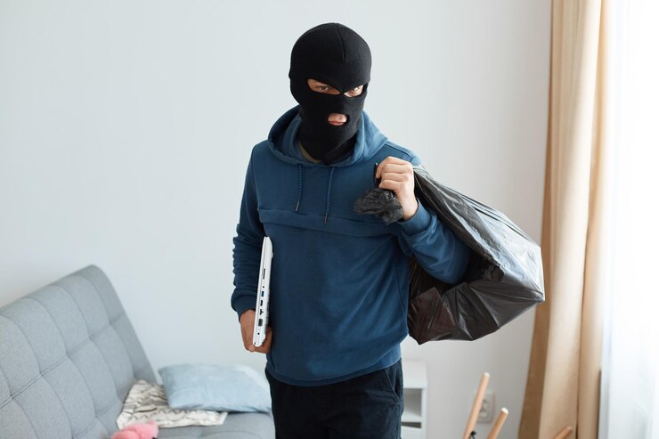 Foto foto interna de um ladrão sério usando um capuz azul escuro e uma máscara preta, posando na casa que ele roubou, segurando uma bolsa com objetos de valor roubados e laptop.