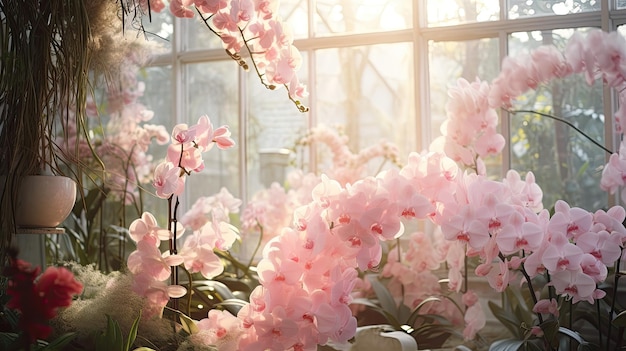 una foto de un invernadero de exhibición de orquídeas con luz difusa