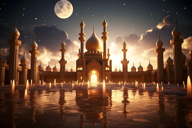 Foto Islamische Moschee am Abend mit Sonnenlicht im Hintergrund Islamisches Neujahr