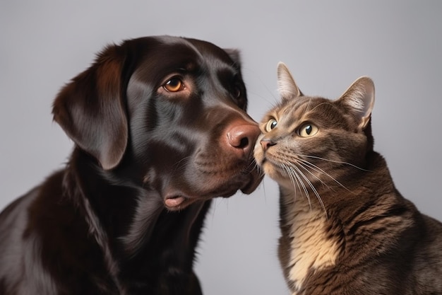 Foto foto isolada de um gato chita tocando um cachorro labrador retriever chocolate com o focinho