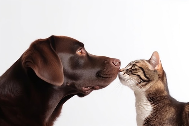 Foto foto isolada de um gato chita tocando um cachorro labrador retriever chocolate com o focinho