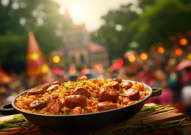 Una foto de jambalaya con el trasfondo de un animado festival.