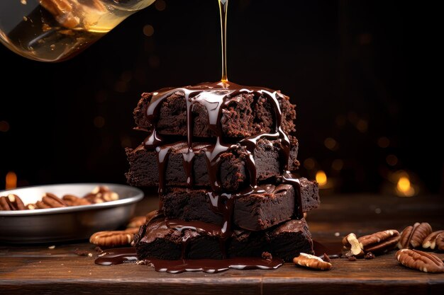 Foto jarabe de chocolate vertido sobre una torre de chocolate