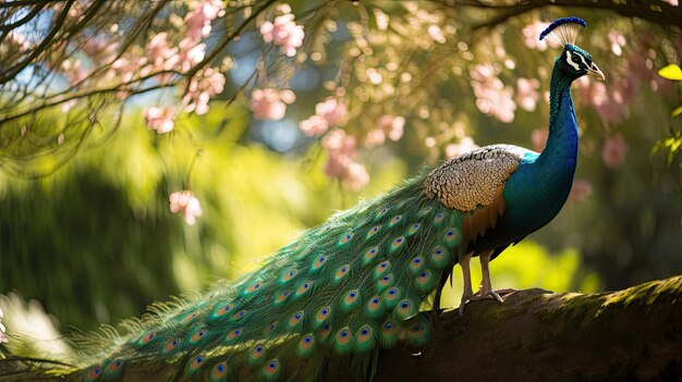 Una foto de un jardín exuberante de pavos reales turquesa