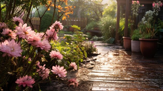 Una foto de un jardín fangoso después de fuertes lluvias flores en flor en el fondo difusa luz solar