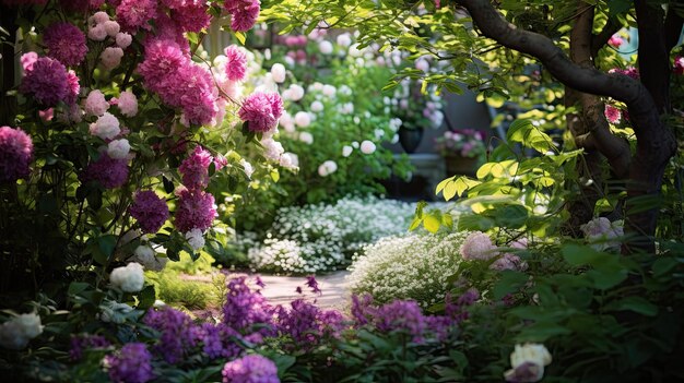 Una foto de un jardín de flores de pluma con un telón de fondo de follaje verde