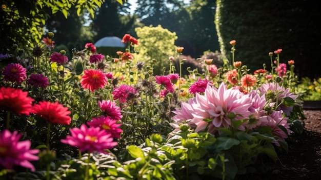 Foto una foto de un jardín de flores con suelo oscuro en un día soleado