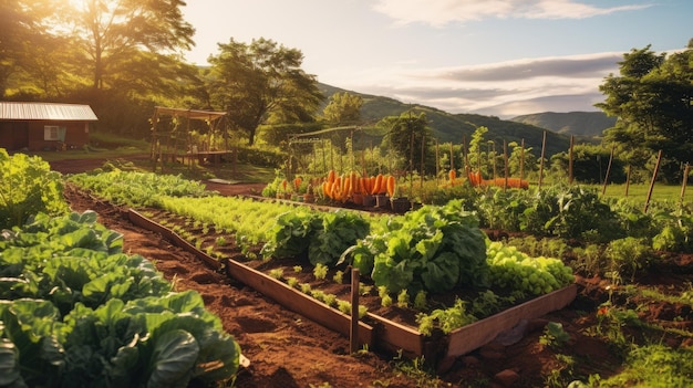 Foto una foto de un jardín de hortalizas vibrante con un telón de fondo rural