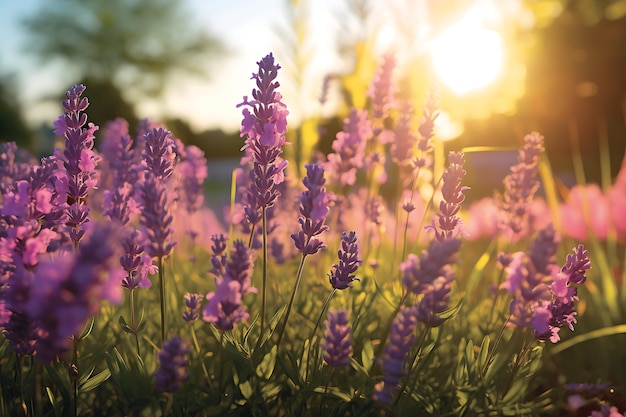 Foto del jardín de lavanda iluminado por el sol en la hora dorada Jardín de flores