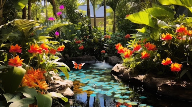 Foto una foto de un jardín de mariposas tropicales con flores coloridas