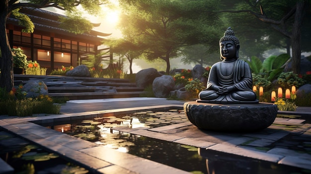 Una foto de un jardín de meditación pacífico con una fuente zen