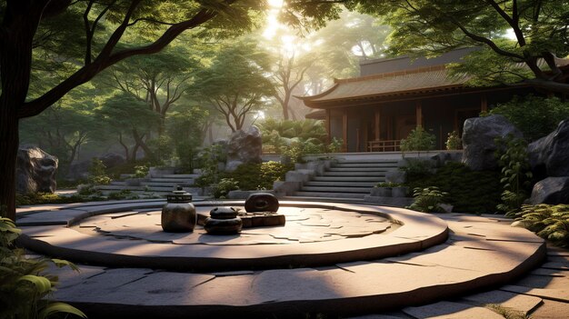 Foto una foto de un jardín de meditación sereno fuera de un lugar de yoga