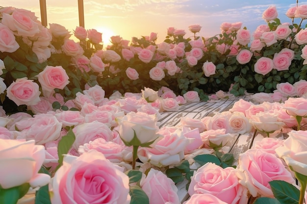 Una foto de un jardín con rosas rosadas