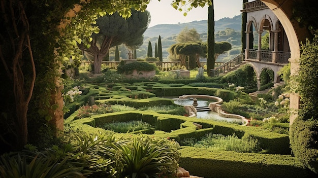 Una foto de un jardín tranquilo en un patio trasero de una propiedad residencial