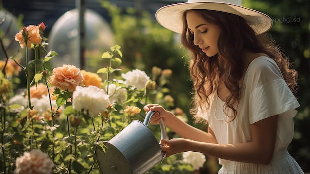 foto jardinería en verano mujer regando flores con una regadera niña con sombrero