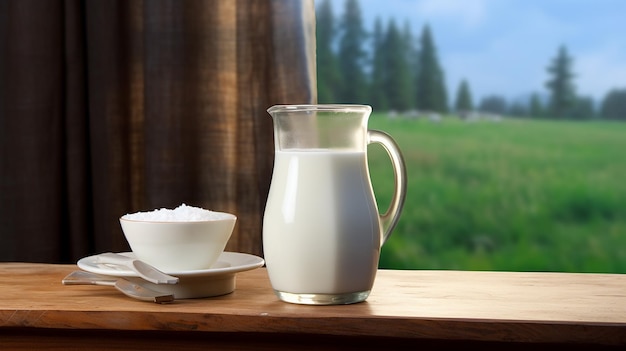 Foto de jarra de leche fresca y vaso.