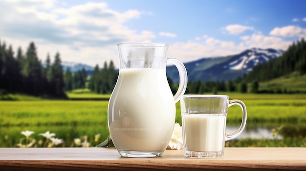 Foto de jarra de leche fresca y vaso.