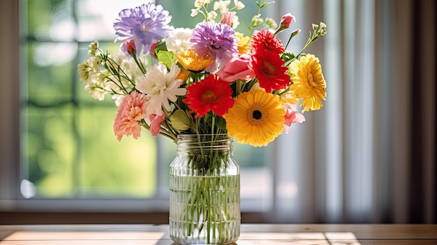 Una foto de un jarrón de vidrio transparente con flores frescas mesa de madera