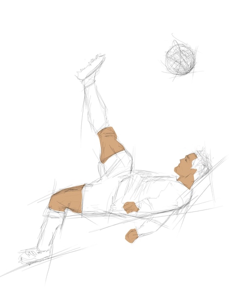 Foto jogador de futebol pose de chute de bicicleta ilustração de estilo de rabisco esboçado atleta equipe esportiva