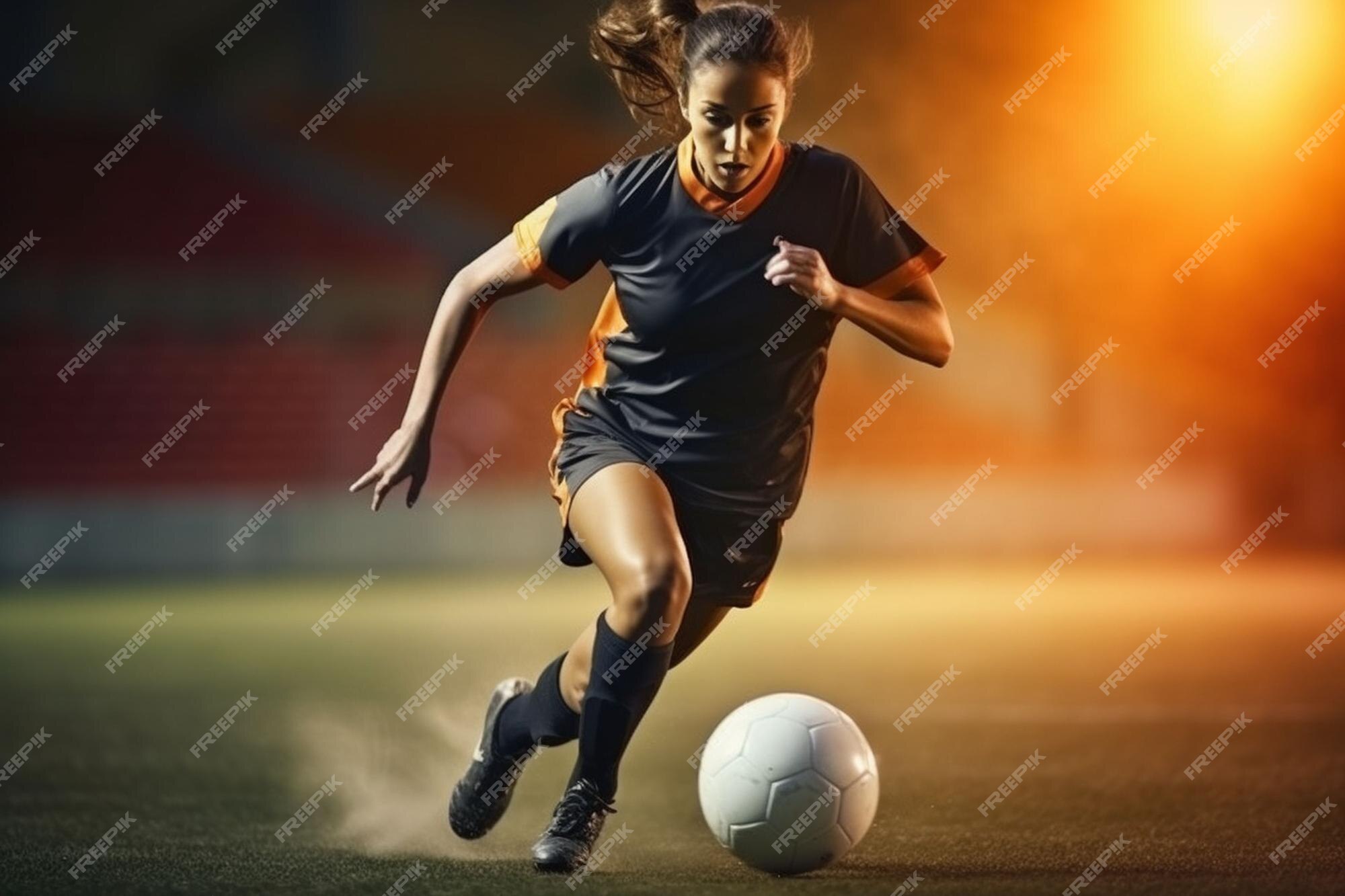 Jovem mulher menina futebol jogador de futebol chutar pênalti bola passe  pênalti tiroteio no campo de futebol fan stand time objetivo ação atividade  desportista profissional ilustração vetorial