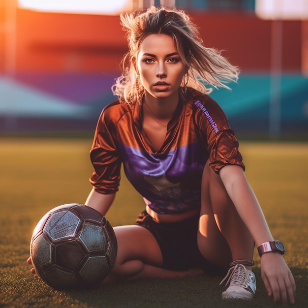 Foto jogadora de futebol feminina chutando bola treinando em ação e movimento