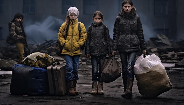 Foto jornalística de duas mulheres e crianças refugiadas ucranianas carregando bagagem esperando na fila para